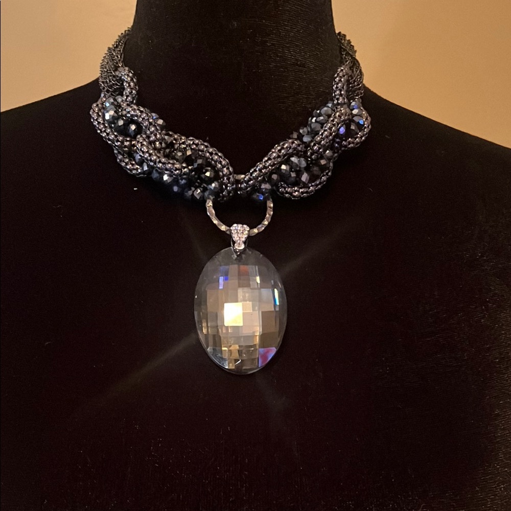 Elegant Black and Silver Beaded Necklace with Crystal Pendant